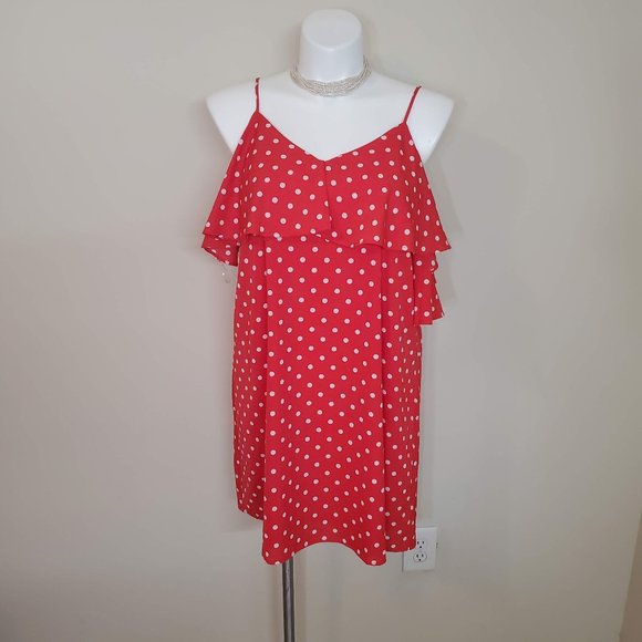 Umgee | Cold Shoulder red Ruffle dot Dress size L - Picture 1 of 12